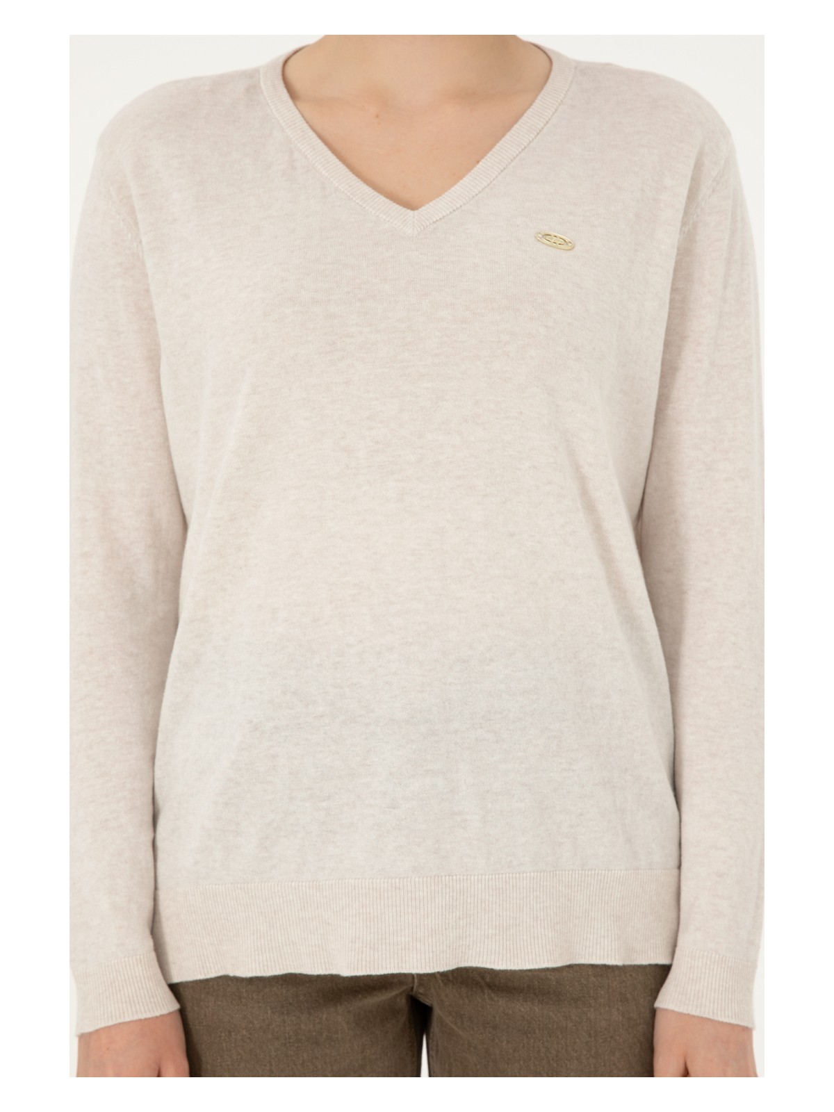 U.S. Polo Assn. Kadın Krem Melanj V Yaka Basic Kazak 50288973-VR159 - Görsel 6
