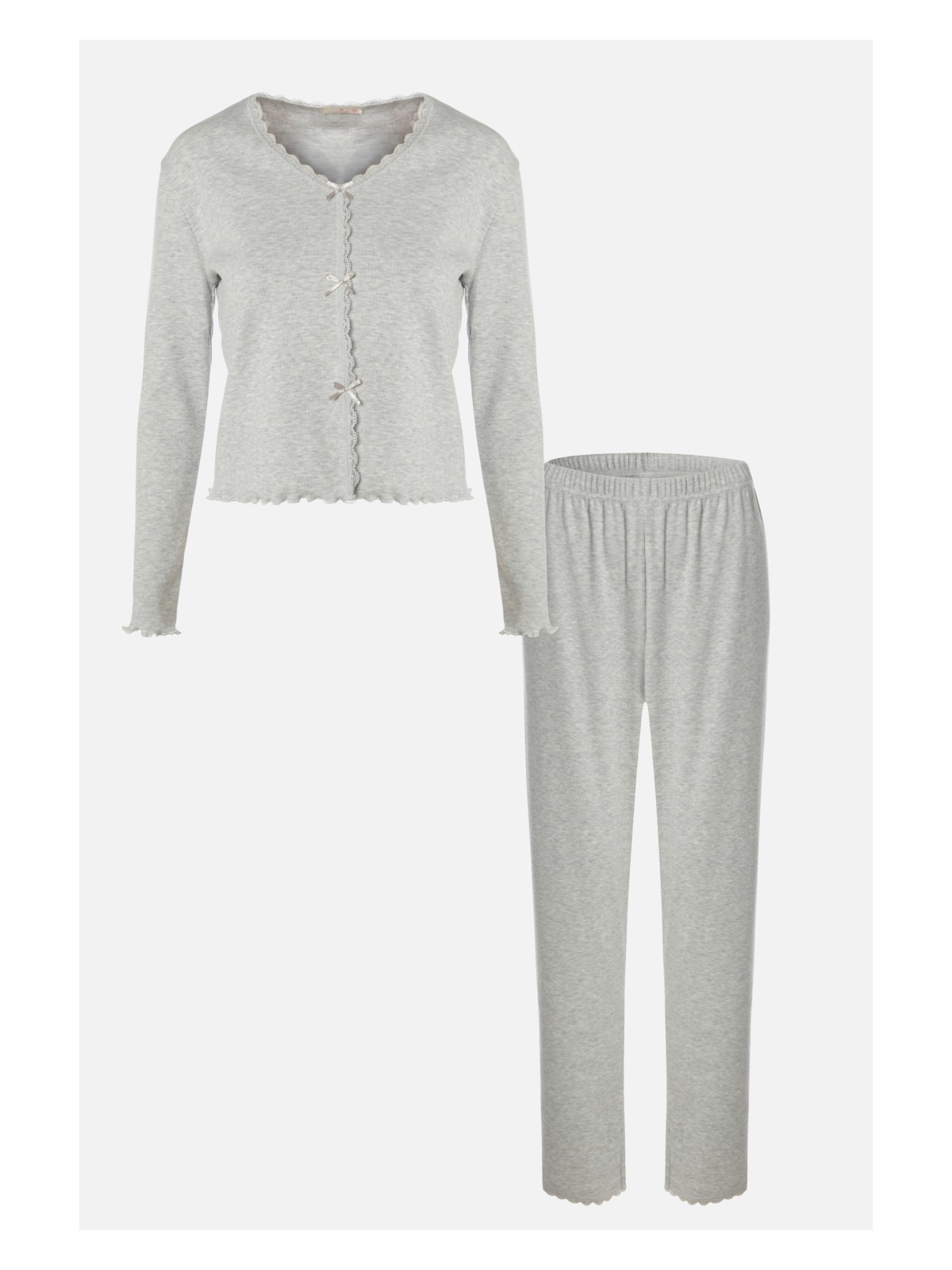 Koza İç Giyim Kadın Pamuklu Dantel ve Kurdele/Fiyonk Detaylı Kaşkorse Renkli Pijama Takımı - Görsel 5