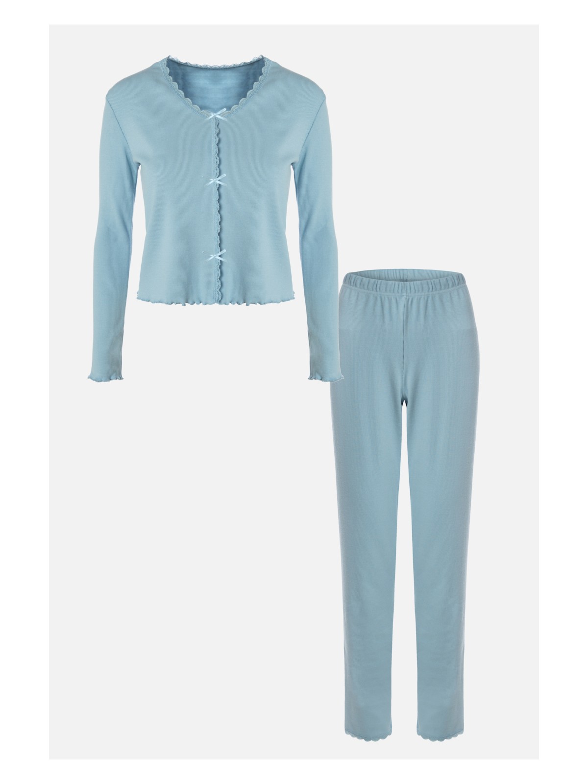 Koza İç Giyim Kadın Pamuklu Dantel ve Kurdele/Fiyonk Detaylı Kaşkorse Renkli Pijama Takımı - Görsel 3