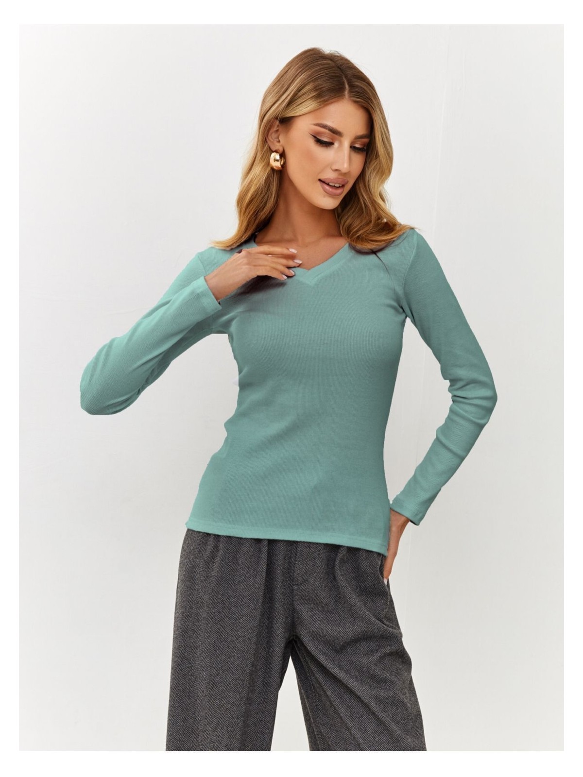 Alya Underwear Kaşkorse V Yaka Body Sweatshirt, Fitilli Kumaş Rahat Bluz, Likralı, Okaliptus Badi