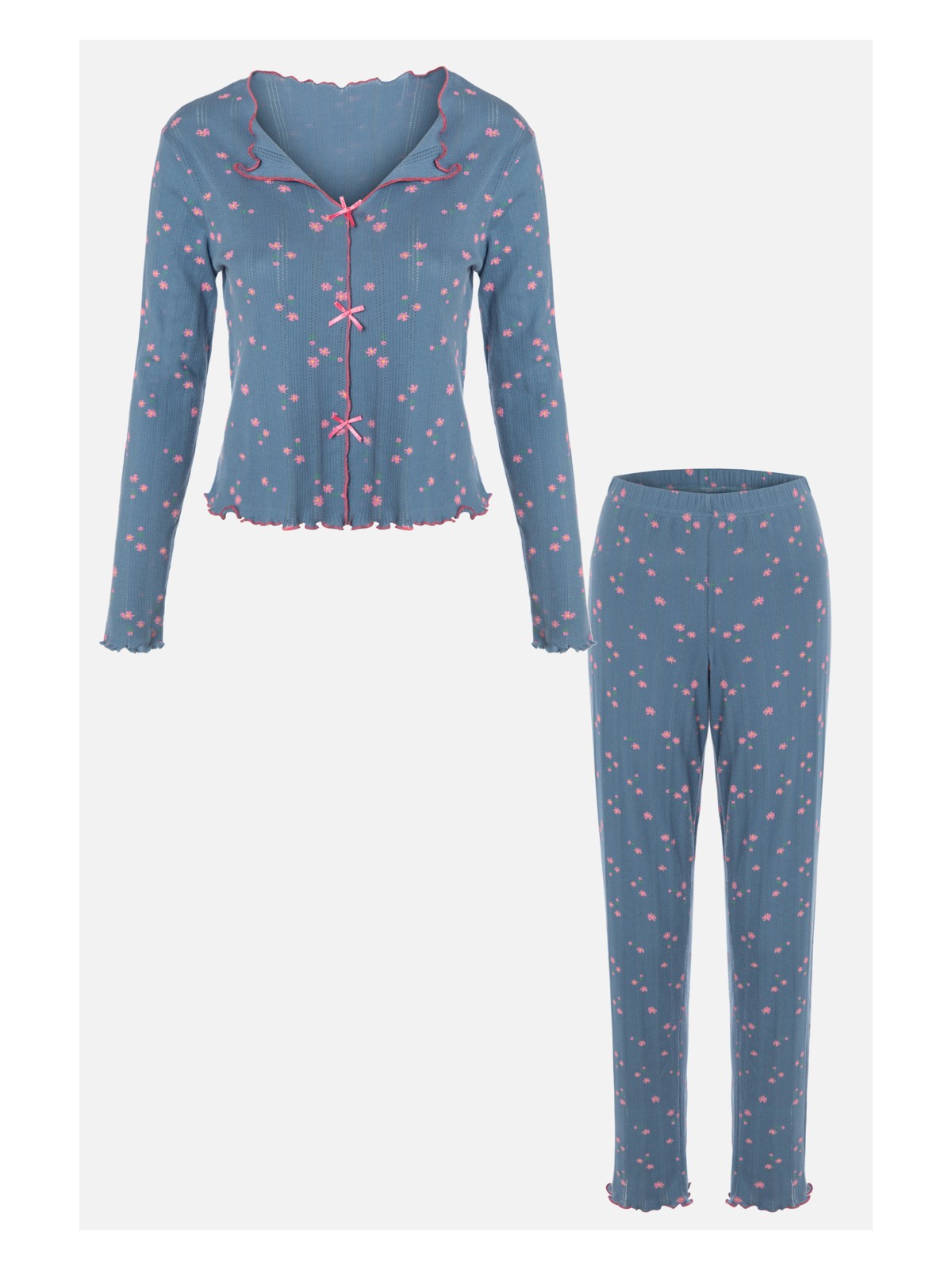 Koza İç Giyim Kadın Pamuklu Çıtır Çiçek Desenli Baby Overloklu Fiyonklu Uzun Kollu Pijama Takımı