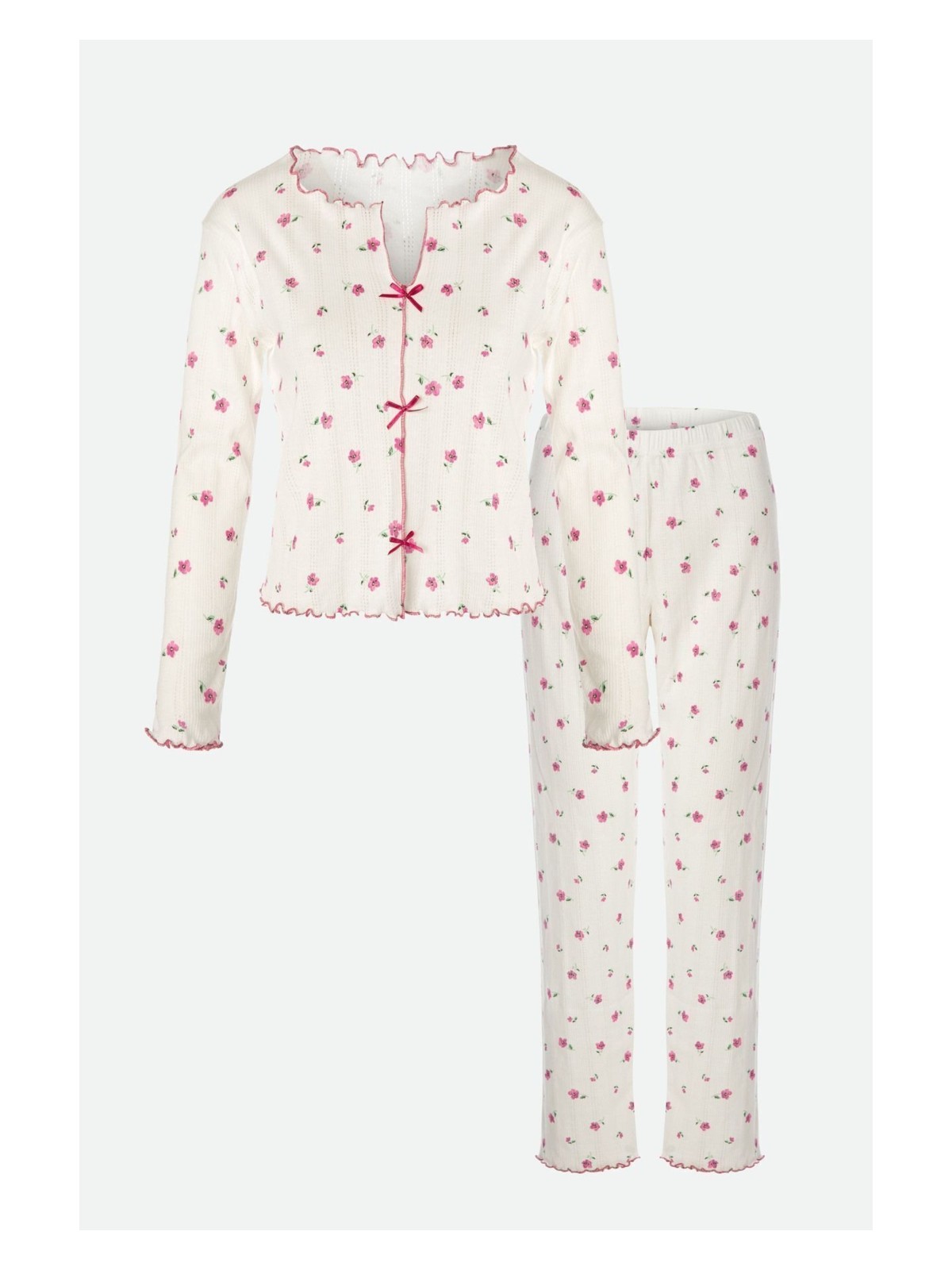 Koza İç Giyim Kadın Pamuklu Çıtır Çiçek Desenli Baby Overloklu Fiyonklu Uzun Kollu Pijama Takımı