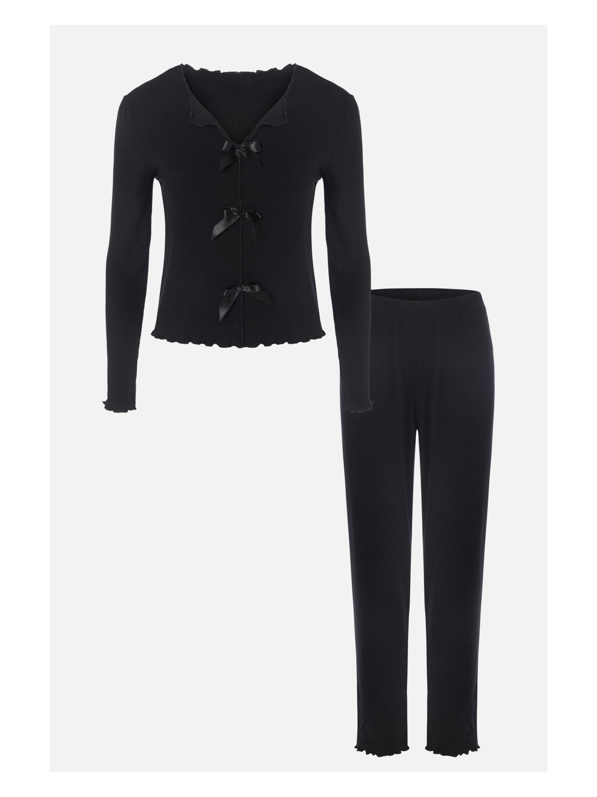 Koza İç Giyim Kadın Pamuklu Çıtır Çiçek Desenli Baby Overloklu Fiyonklu Uzun Kollu Pijama Takımı