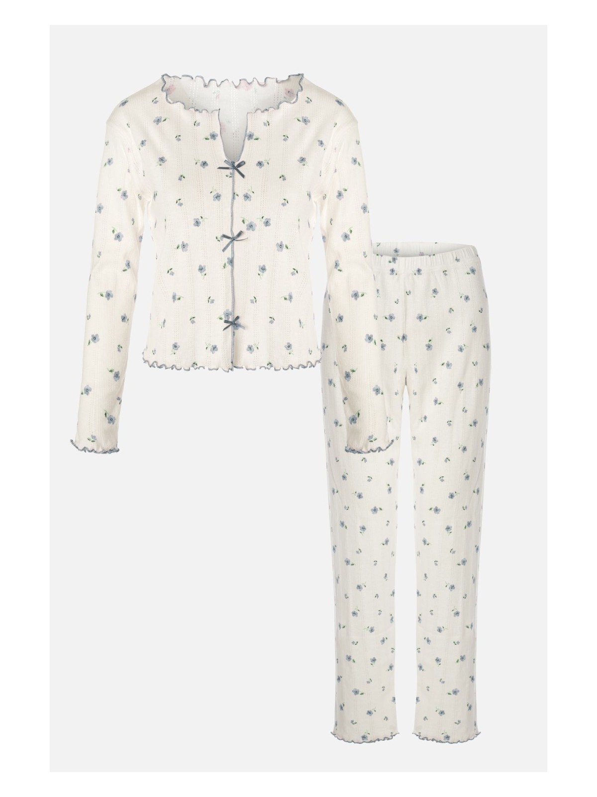Koza İç Giyim Kadın Pamuklu Çıtır Çiçek Desenli Baby Overloklu Fiyonklu Uzun Kollu Pijama Takımı