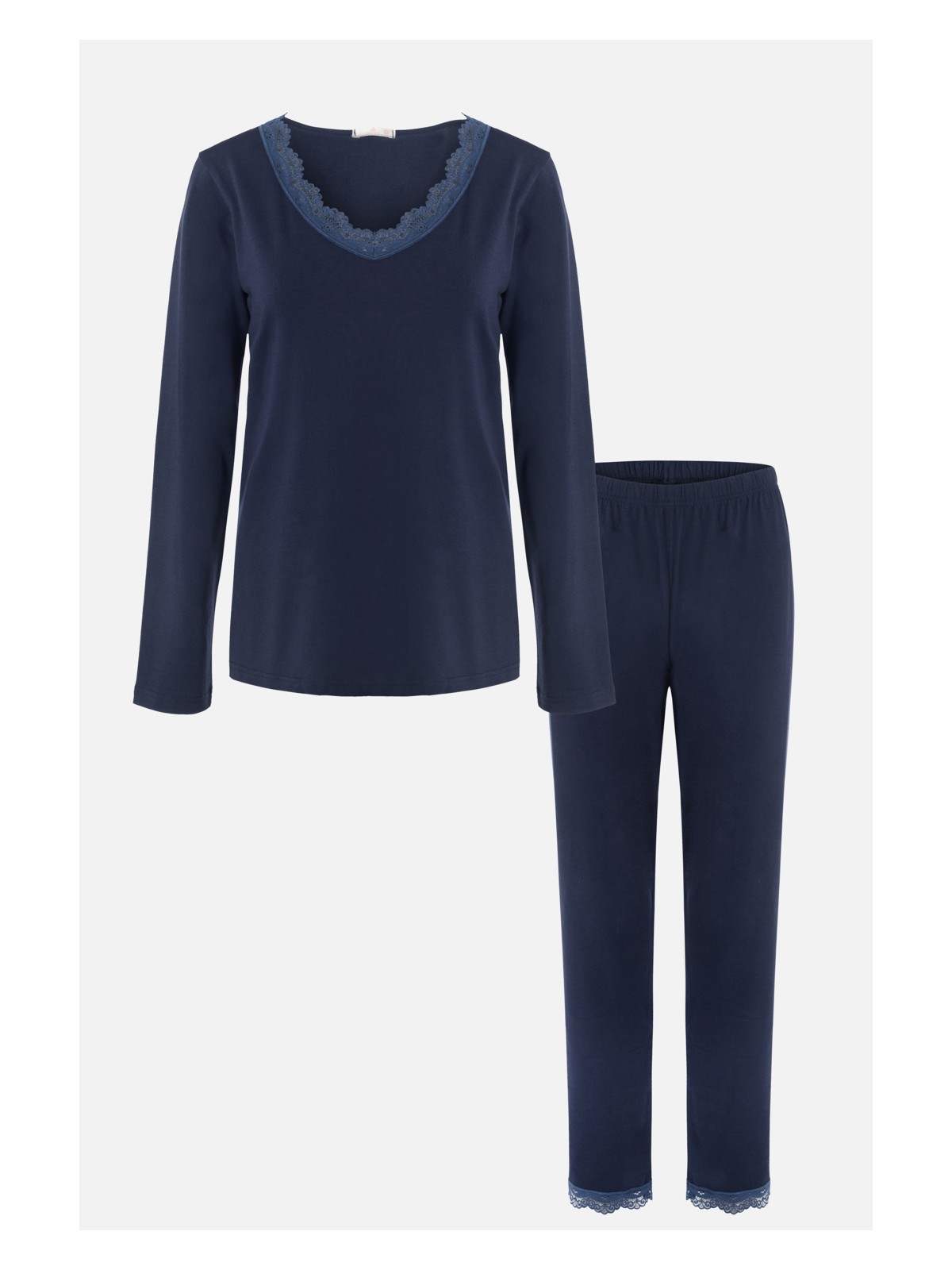 Koza İç Giyim Kadın V Yaka ve Paça Dantel Detaylı Uzun Kollu Pijama Takımı