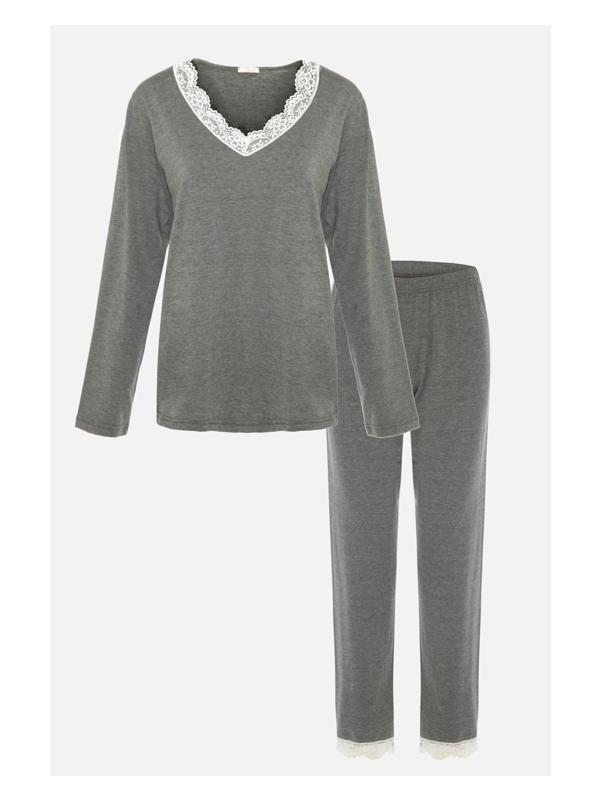 Koza İç Giyim Kadın V Yaka ve Paça Dantel Detaylı Uzun Kollu Pijama Takımı
