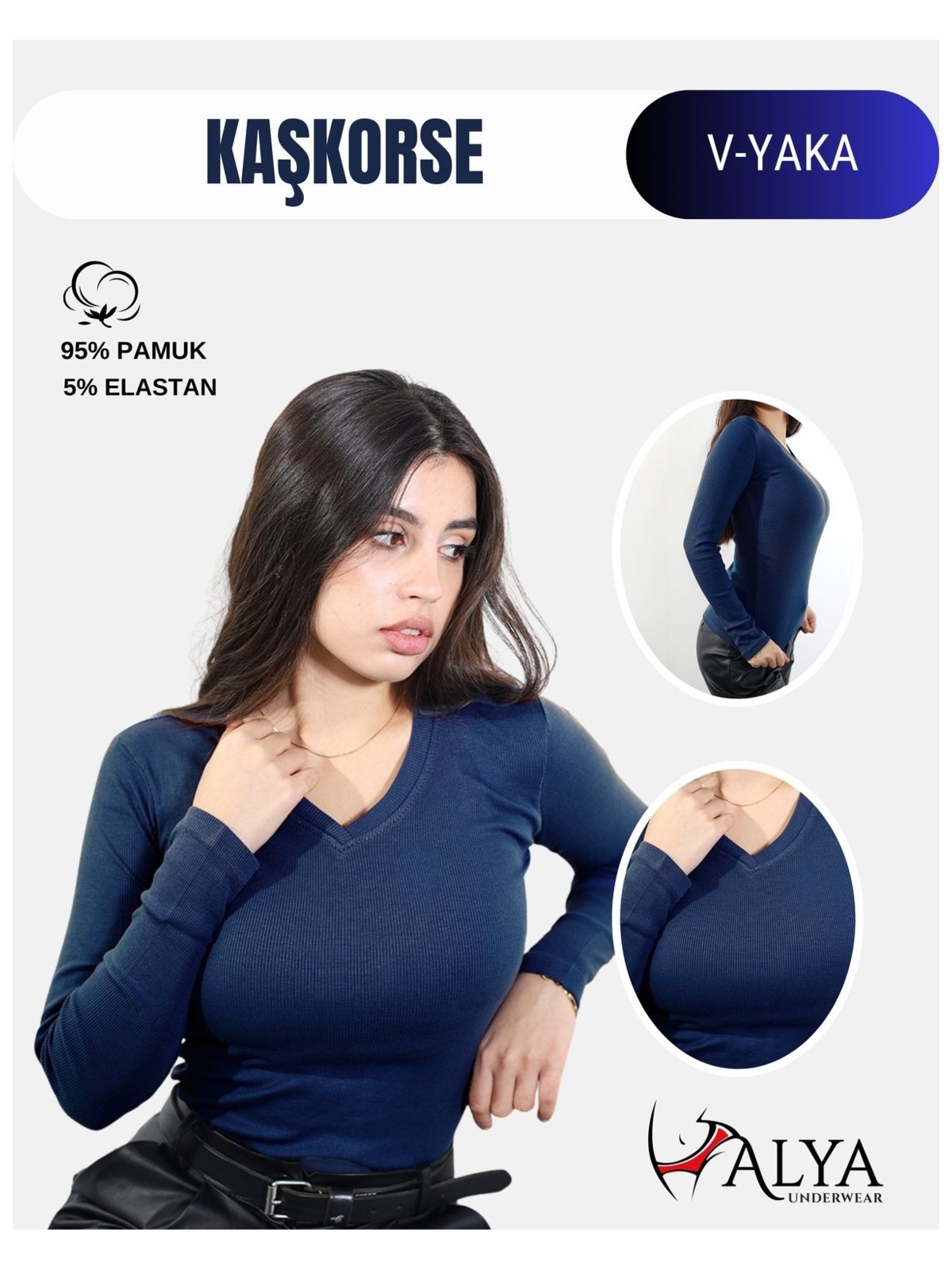 Alya Underwear Kaşkorse V Yaka Body Sweatshirt, Fitilli Kumaş, Likralı, Lacivert