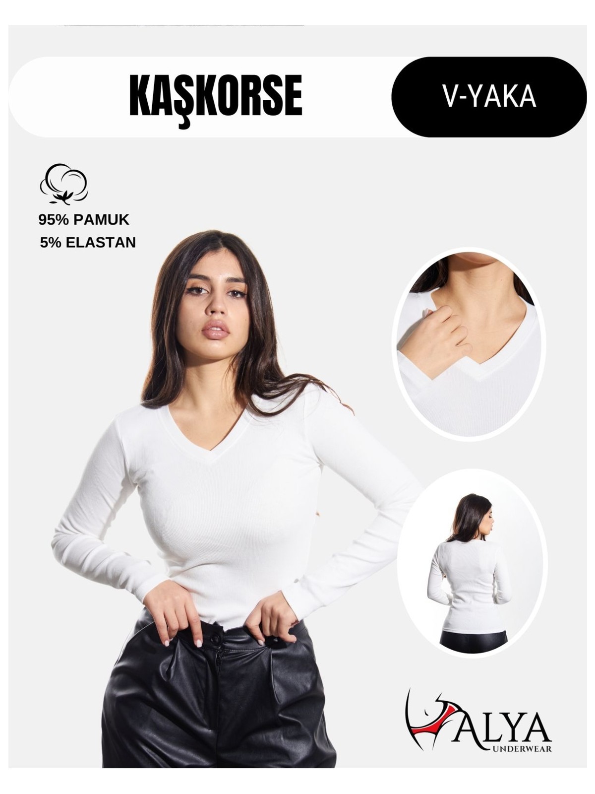 Alya Underwear Pamuklu Kaşkorse V Yaka Body Sweatshirt, Fitilli Kumaş Likralı Bluz, Beyaz Badi