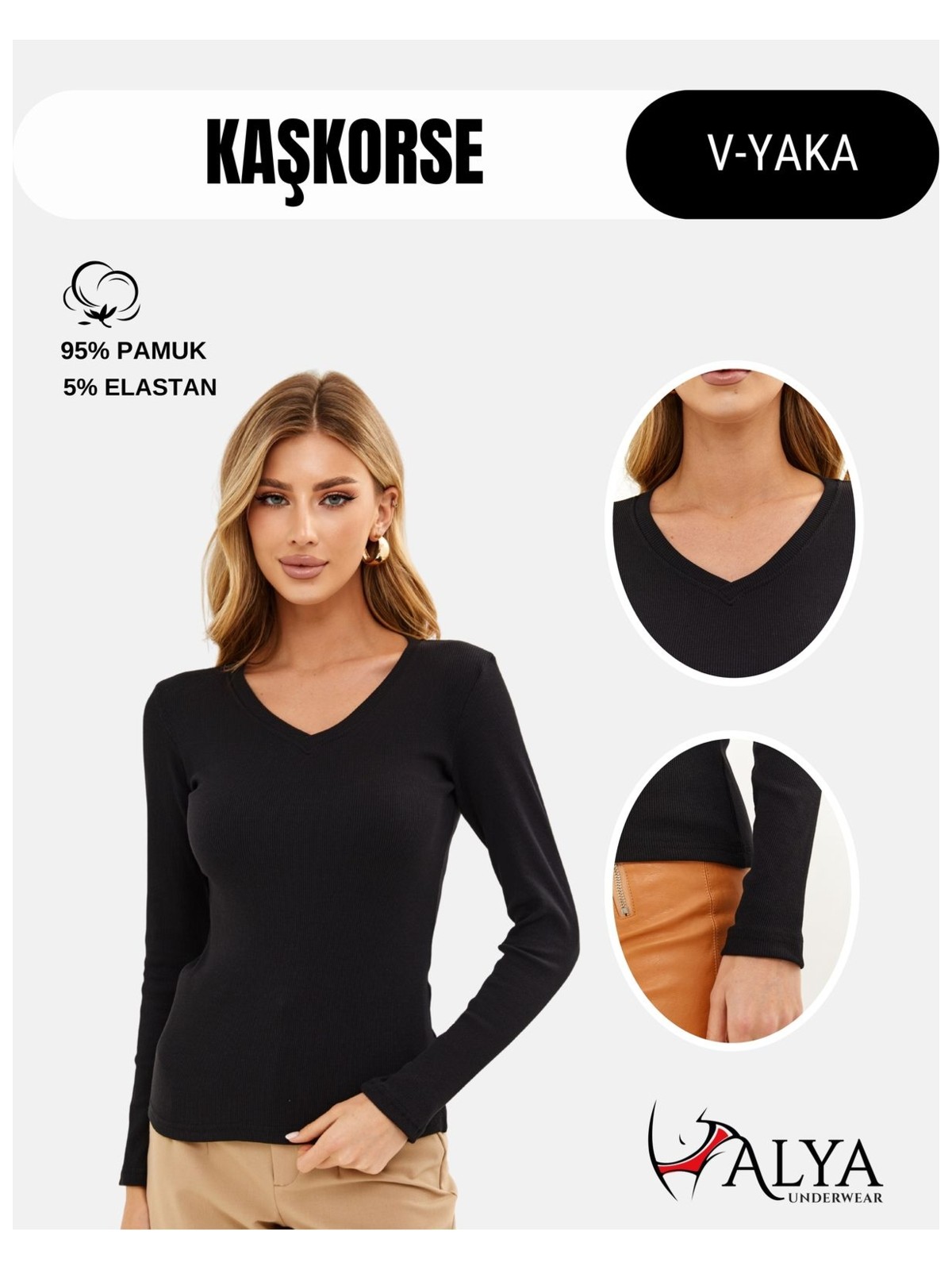 Alya Underwear Pamuklu Kaşkorse V Yaka Body Sweatshirt, Fitilli Kumaş Likralı Bluz, Siyah Badi