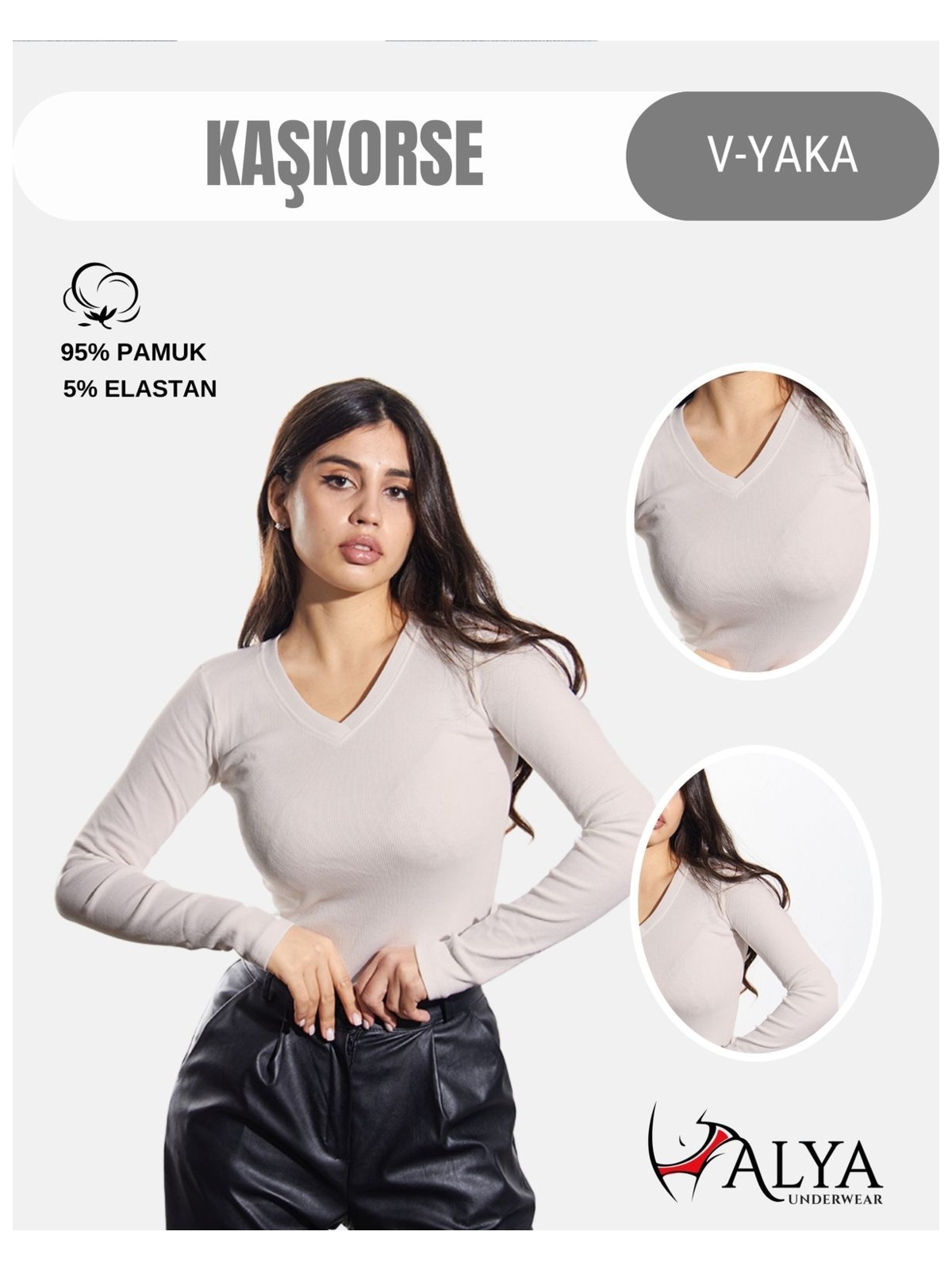 Alya Underwear Kaşkorse V Yaka Body Sweatshirt, Fitilli Kumaş Bluz, Likralı, Bej (Kemik) Günlük Badi