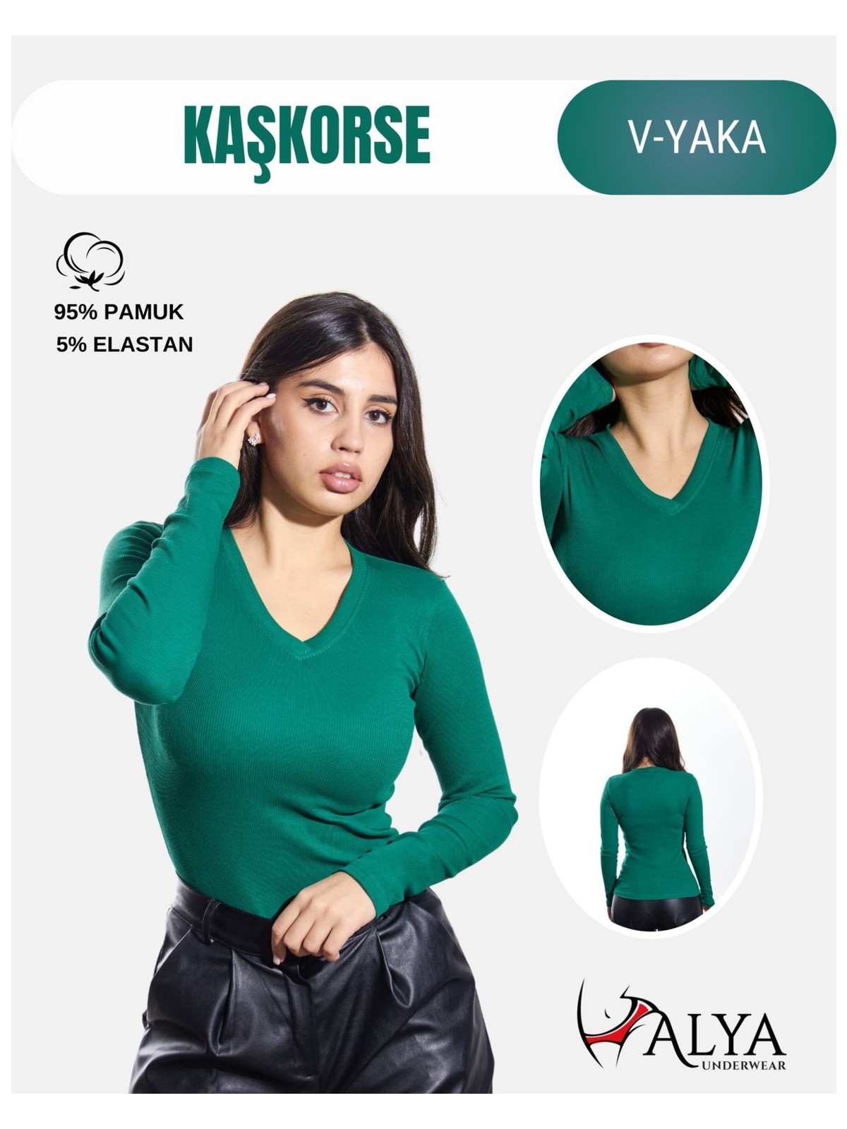 Alya Underwear Pamuklu Kaşkorse V Yaka Body Sweatshirt, Fitilli Kumaş Likralı Bluz, Çimen Yeşili Badi