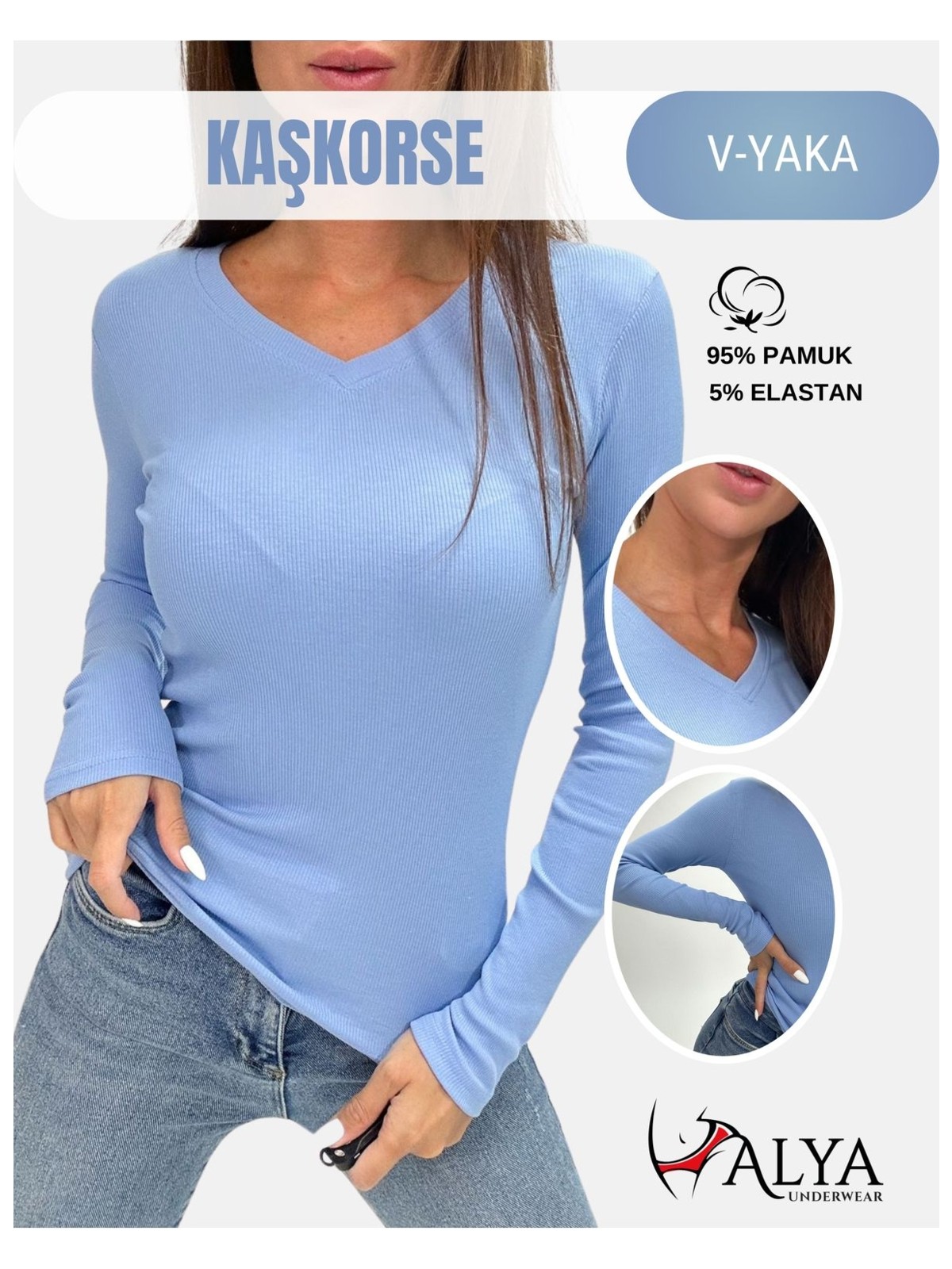 Alya Underwear Kaşkorse V Yaka Body Sweatshirt, Fitilli Kumaş, Likralı, Açık Mavi