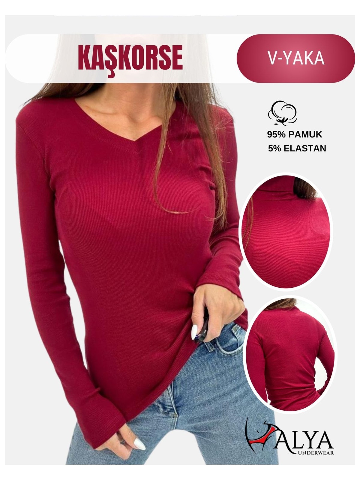 Alya Underwear Kaşkorse V Yaka Body Sweatshirt, Fitilli Kumaş, Likralı, Bordo