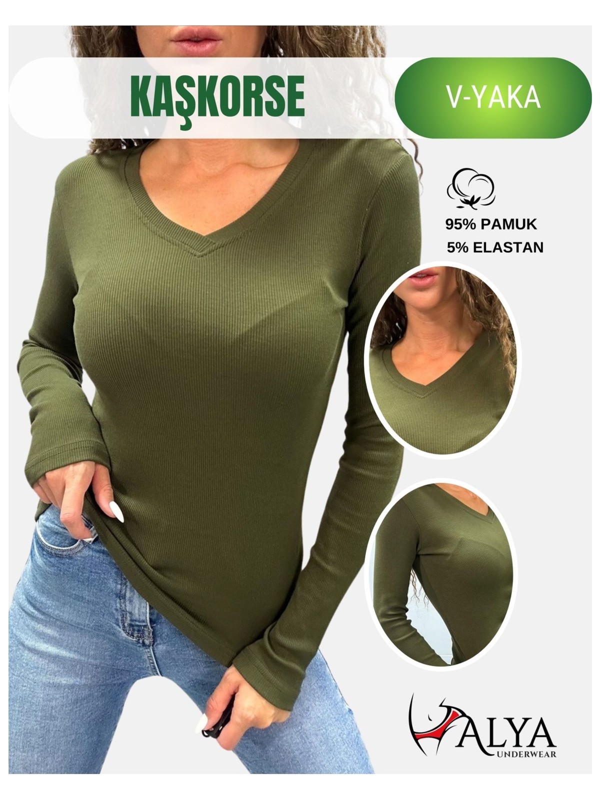 Alya Underwear Pamuklu Kaşkorse V Yaka Body Sweatshirt, Fitilli Kumaş Likralı Bluz, Asker Yeşili Badi