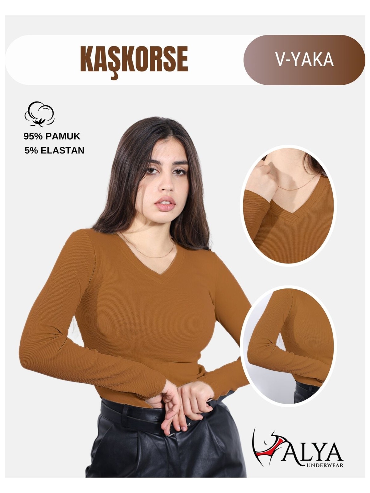 Alya Underwear Kaşkorse V Yaka Body Sweatshirt, Fitilli Kumaş, Esnek Bluz, Kahverengi Badi