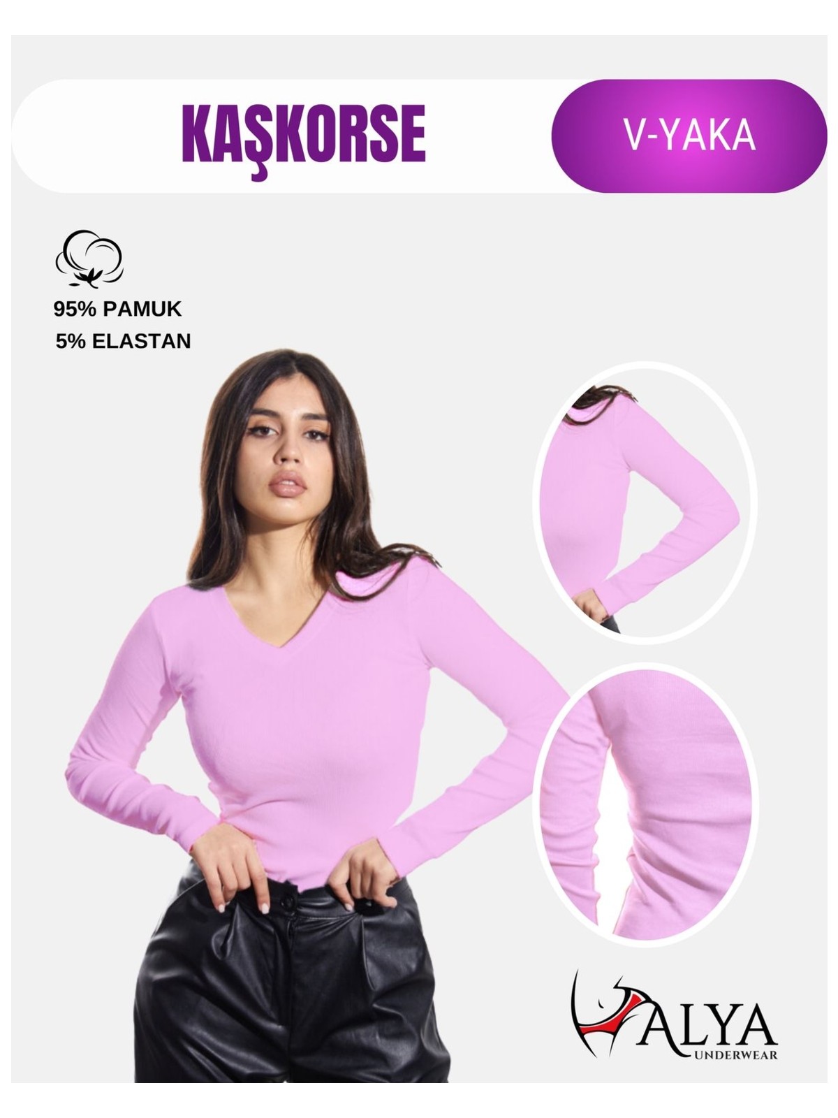 Alya Underwear Kaşkorse V Yaka Body Sweatshirt, Fitilli Kumaş Bluz Likralı, Lila Badi