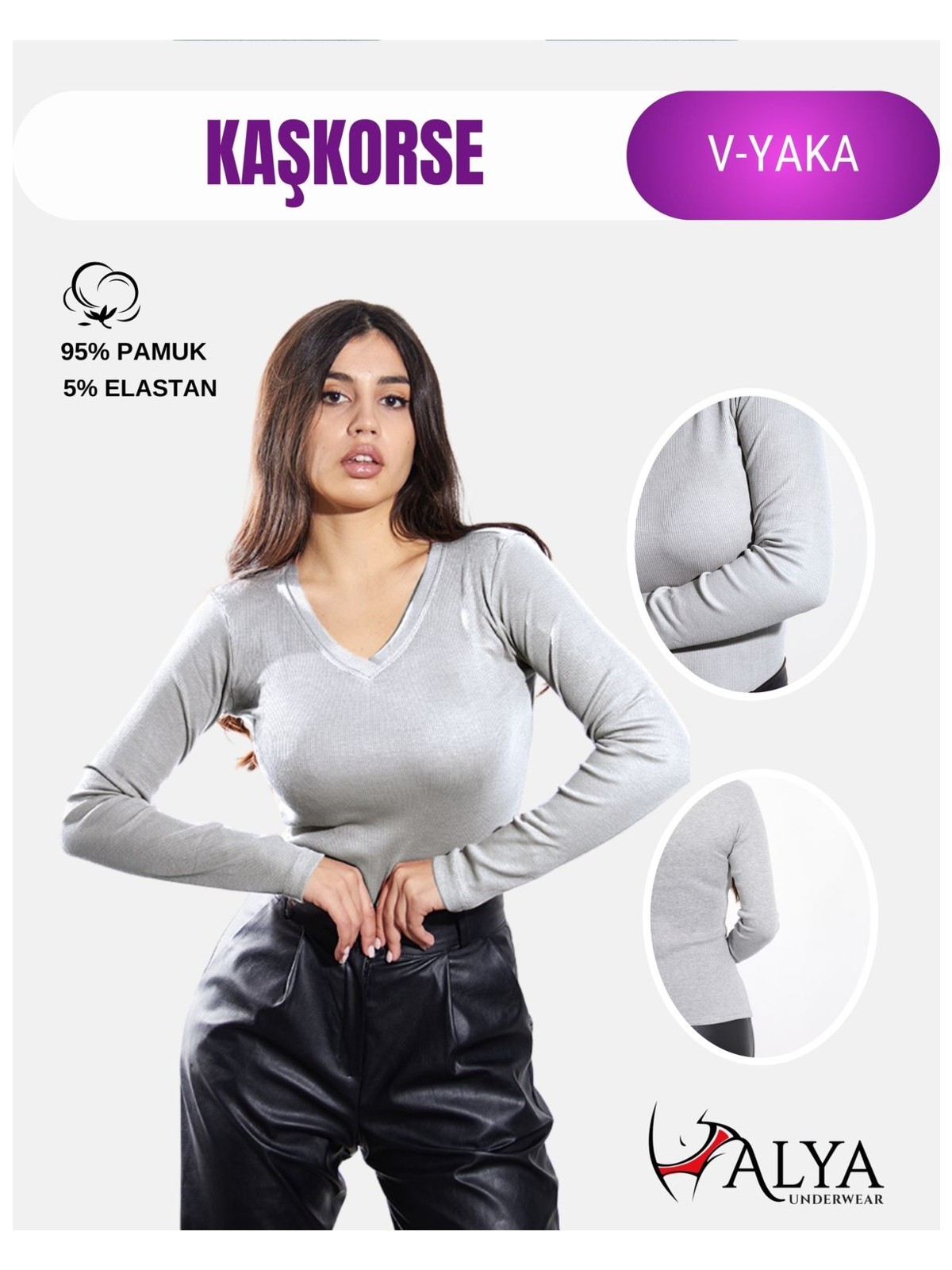 Alya Underwear Kaşkorse V Yaka Body Sweatshirt, Fitilli Kumaş, Likralı, Gri Melanj