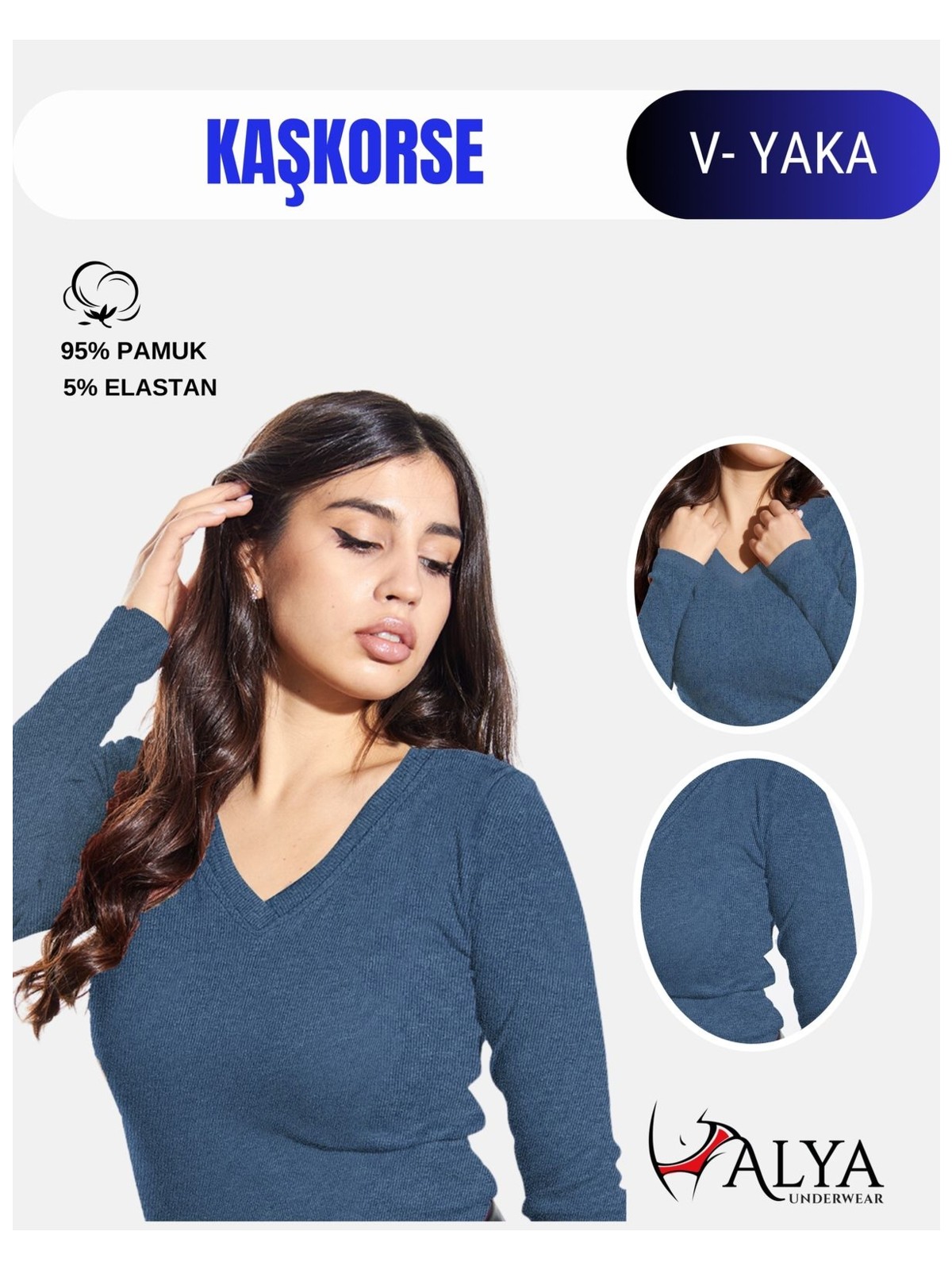 Alya Underwear Kaşkorse V Yaka Body Sweatshirt, Fitilli Kumaş Likralı Bluz Indigo Melanj Badi