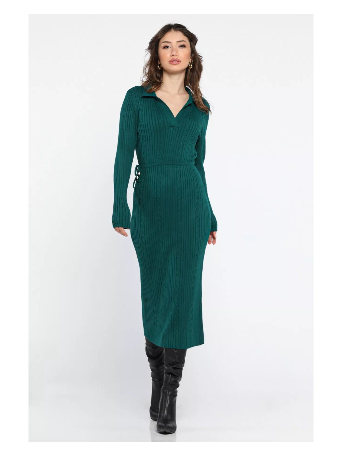 Gülseli Kadın Polo Yaka Bel Bağlamalı Uzun Triko Elbise - Görsel 3