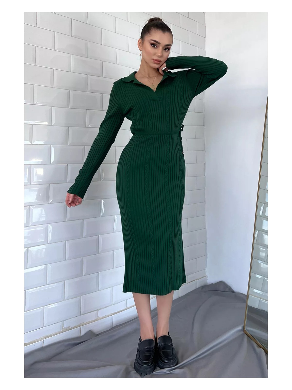 Gülseli Kadın Polo Yaka Bel Bağlamalı Uzun Triko Elbise - Görsel 4