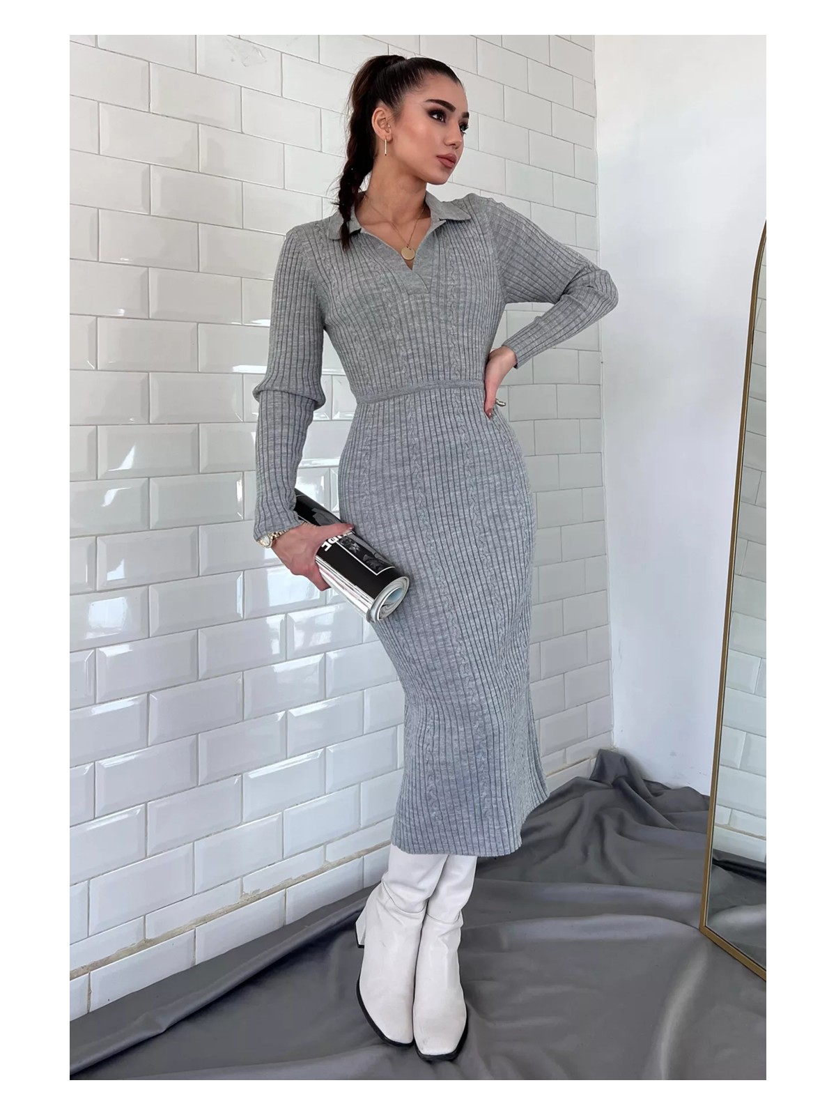 Gülseli Kadın Polo Yaka Bel Bağlamalı Uzun Triko Elbise