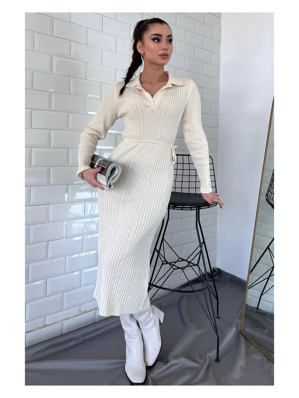 Gülseli Kadın Polo Yaka Bel Bağlamalı Uzun Triko Elbise - Görsel 6