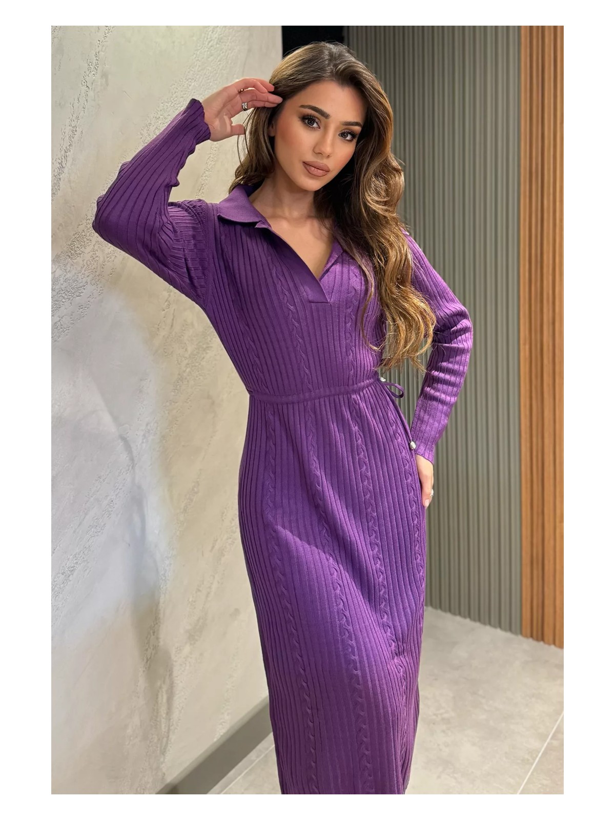 Gülseli Kadın Polo Yaka Bel Bağlamalı Uzun Triko Elbise - Görsel 7