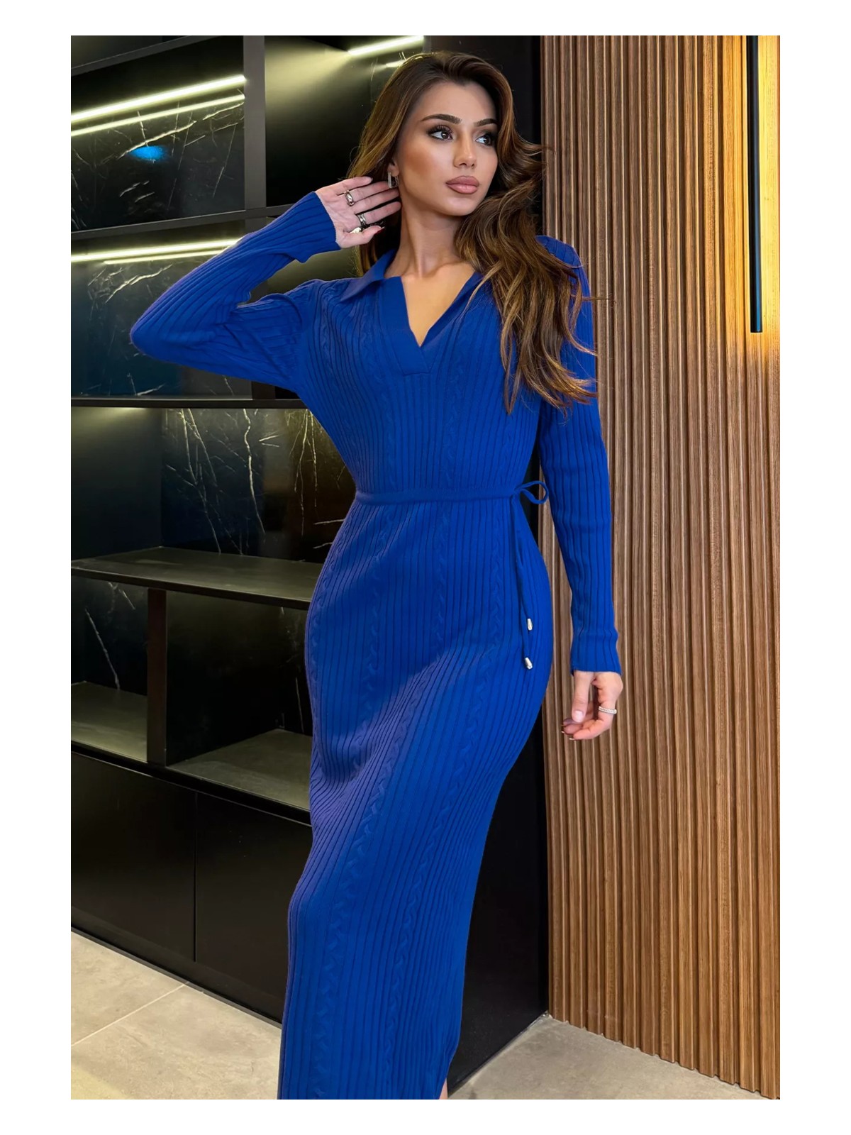 Gülseli Kadın Polo Yaka Bel Bağlamalı Uzun Triko Elbise - Görsel 8