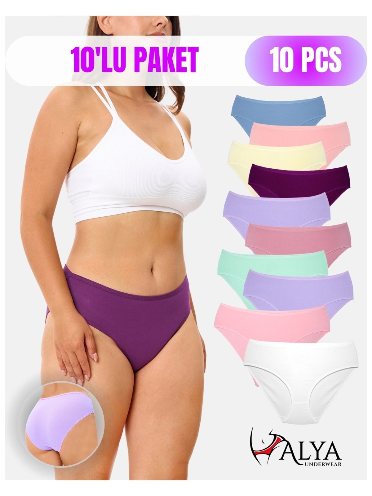 Alya Underwear Kadın Külot Pamuklu Slip, Renkli, Büyük Beden Iç Çamaşırı 10'lu Paket ( MULTICOLOR-X33 )