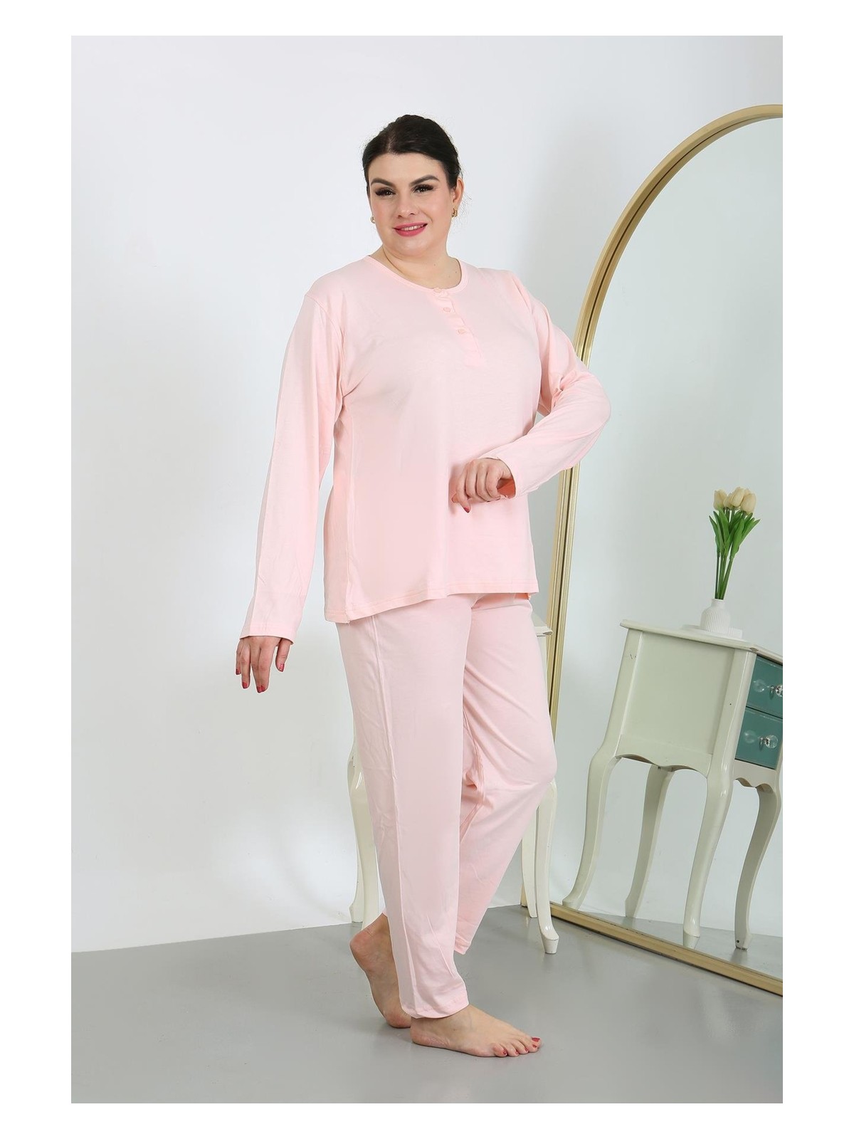 Akbeniz Kadın Büyük Beden Uzun Kol Penye Pijama Takımı Pembe 202501