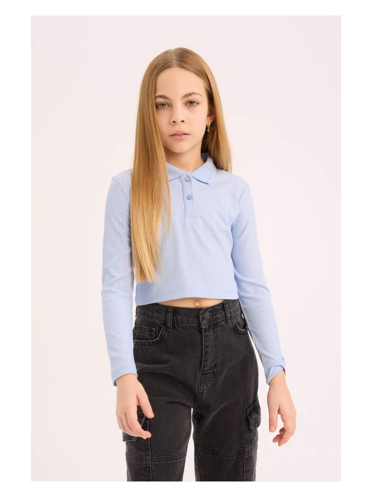 DeFacto Polo Yaka Ribana Uzun Kollu Basic Düz Tişört Kız Çocuk B7407A825SP - Görsel 4