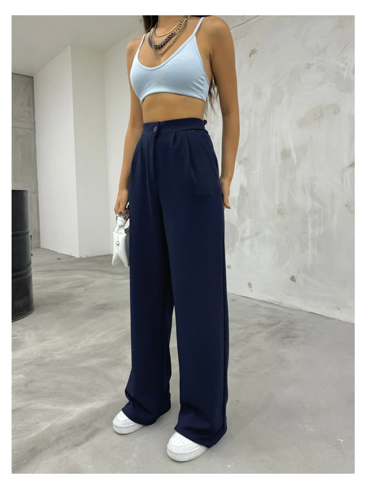 Bikelife Kadın Lacivert Likralı Palazzo Salaş Geniş Paça Pantolon
