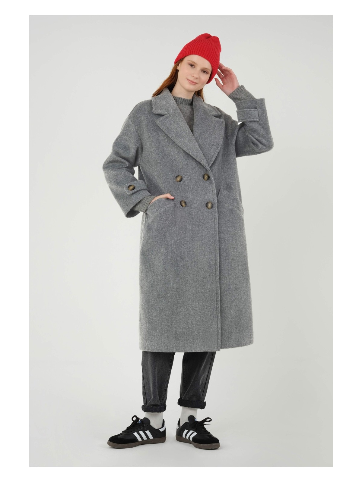 HE-QA Kolu Apolet Detaylı Kaban Gri Melanj