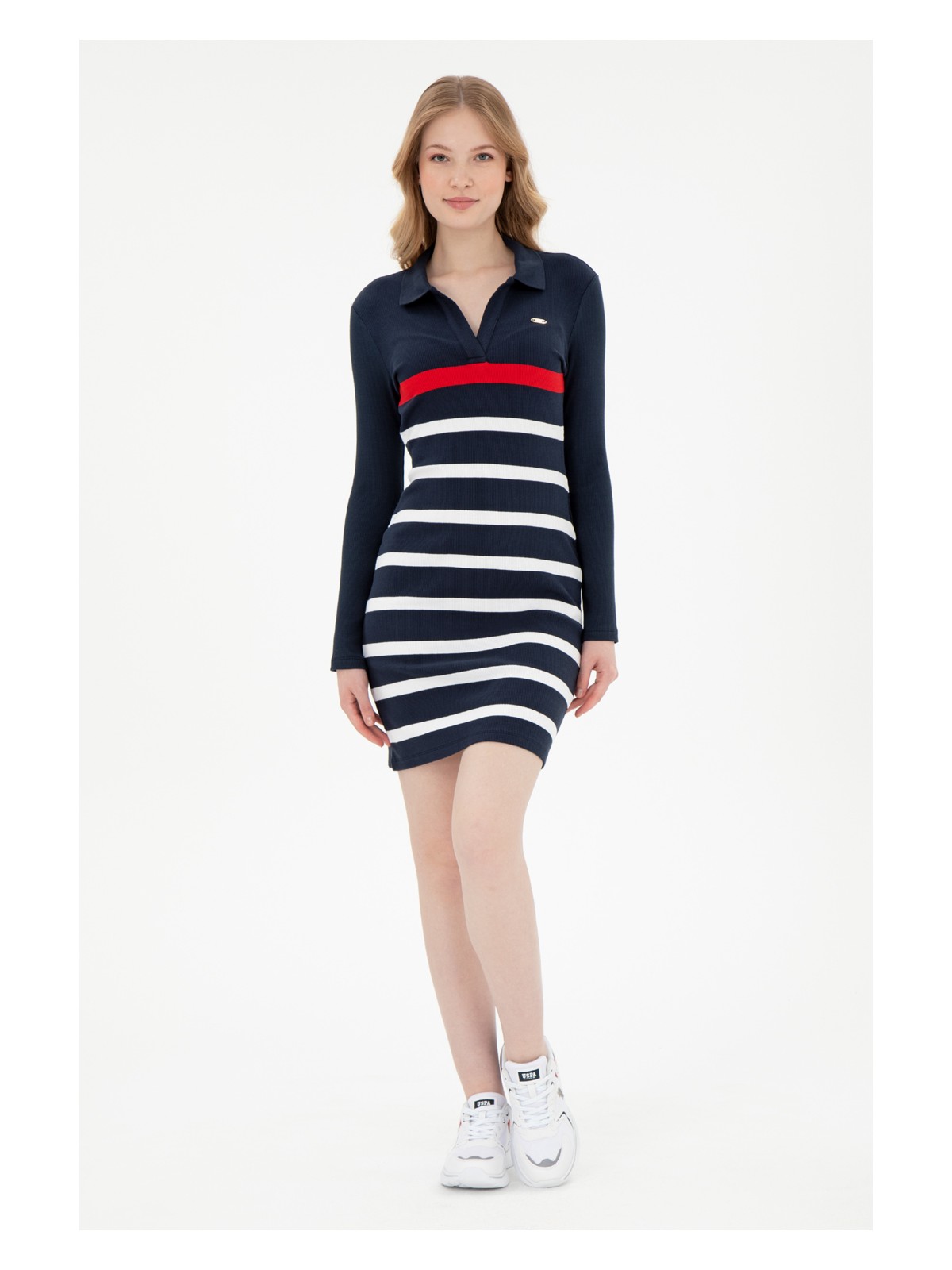 U.S. Polo Assn. Kadın Lacivert Çizgili Polo Yaka Mini Boy Örme Elbise 50299045-VR033