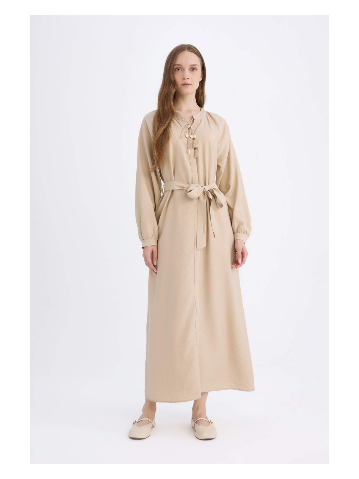 DeFacto Relax Fit Hakim Yaka Uzun Kollu Kuşaklı Maxi Elbise D7322AX25SP - Görsel 5