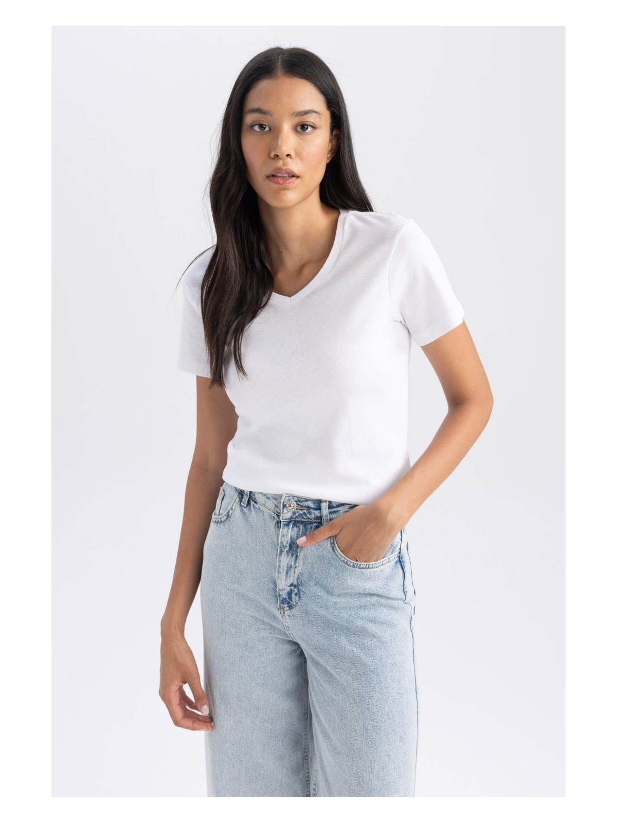 DeFacto Slim Fit Ribana Kısa Kollu Tişört B0647AXNS - Görsel 3