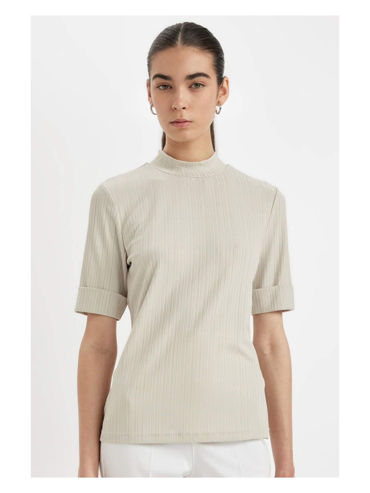 DeFacto Yarım Balıkçı Yaka Smart Fitilli Kaşkorse Basic Tişört B1177AX24AU - Görsel 5