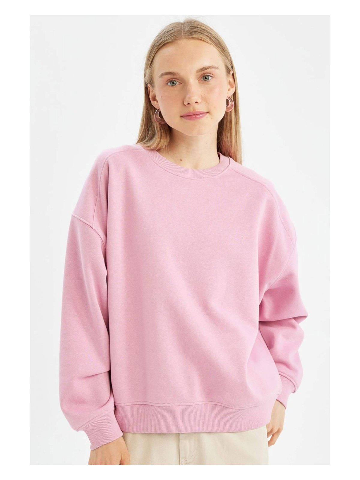 DeFacto Oversize Geniş Kalıp Bisiklet Yaka Kalın Basic Düz Sweatshirt A4177AX24WN - Görsel 5