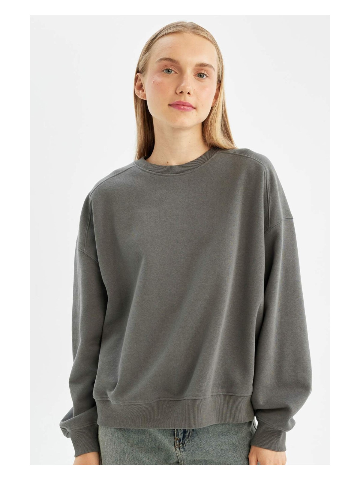 DeFacto Oversize Geniş Kalıp Bisiklet Yaka Kalın Basic Düz Sweatshirt A4177AX24WN