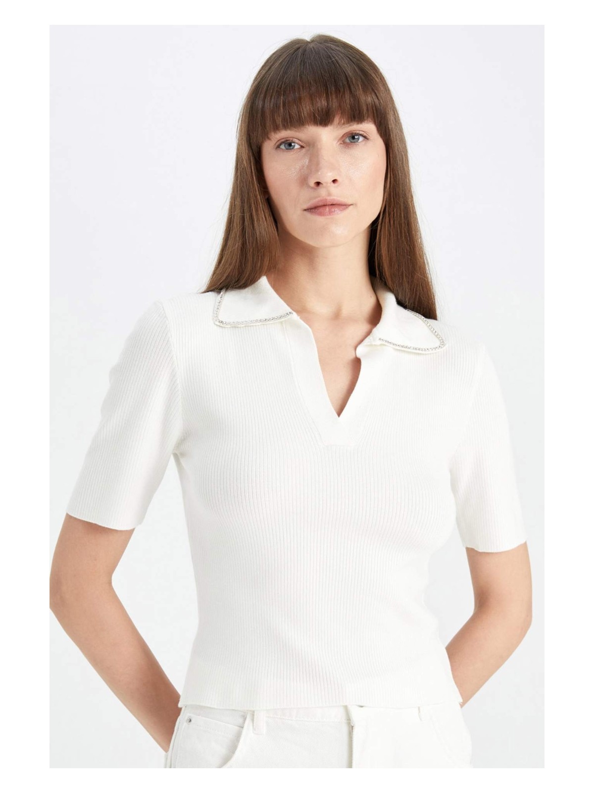 DeFacto Fitted Polo Yaka Taş İşlemeli Kısa Kollu Triko Kazak D4618AX24AU