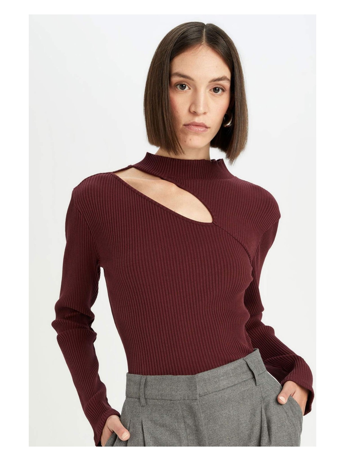 DeFacto Slim Fit Dar Kesim Yarım Balıkçı Yaka Basic Düz Fitilli Kaşkorse Uzun Kollu Tişört C8473AX24AU - Görsel 3