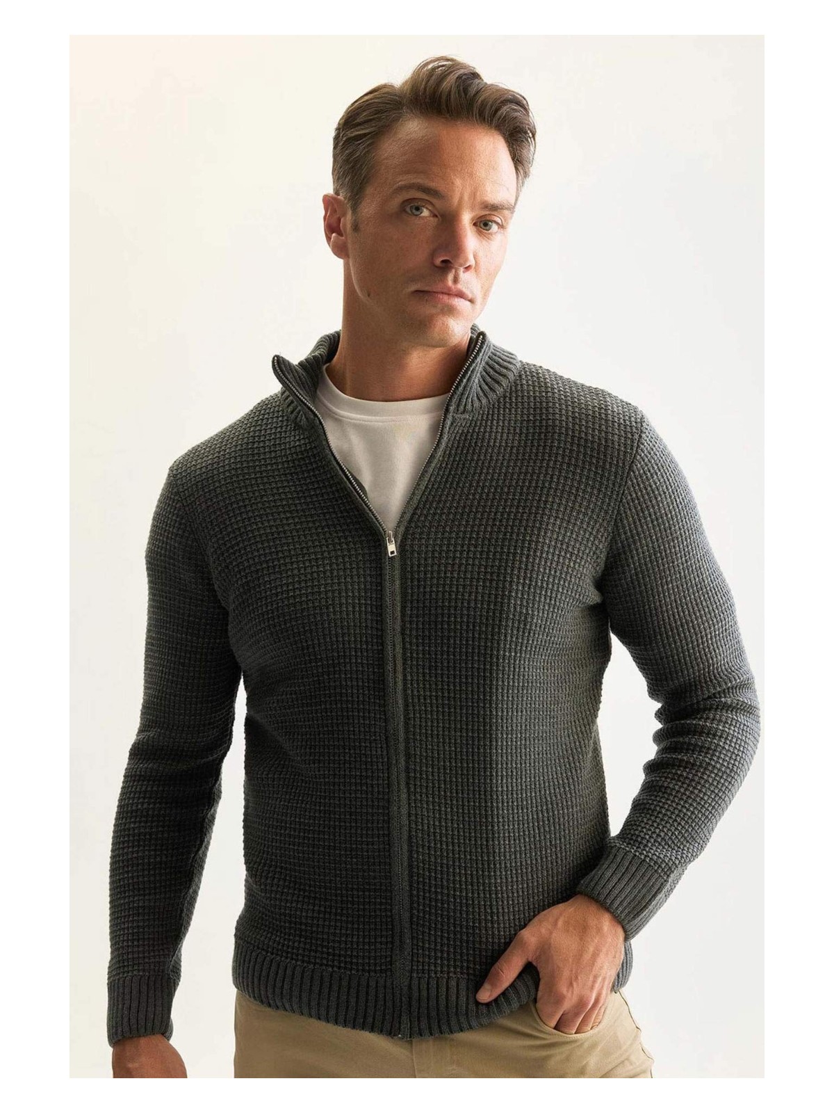 DeFacto Standart Fit Normal Kesim Yarım Balıkçı Yaka Fermuarlı Waffle Hırka R1195AZNS - Görsel 3