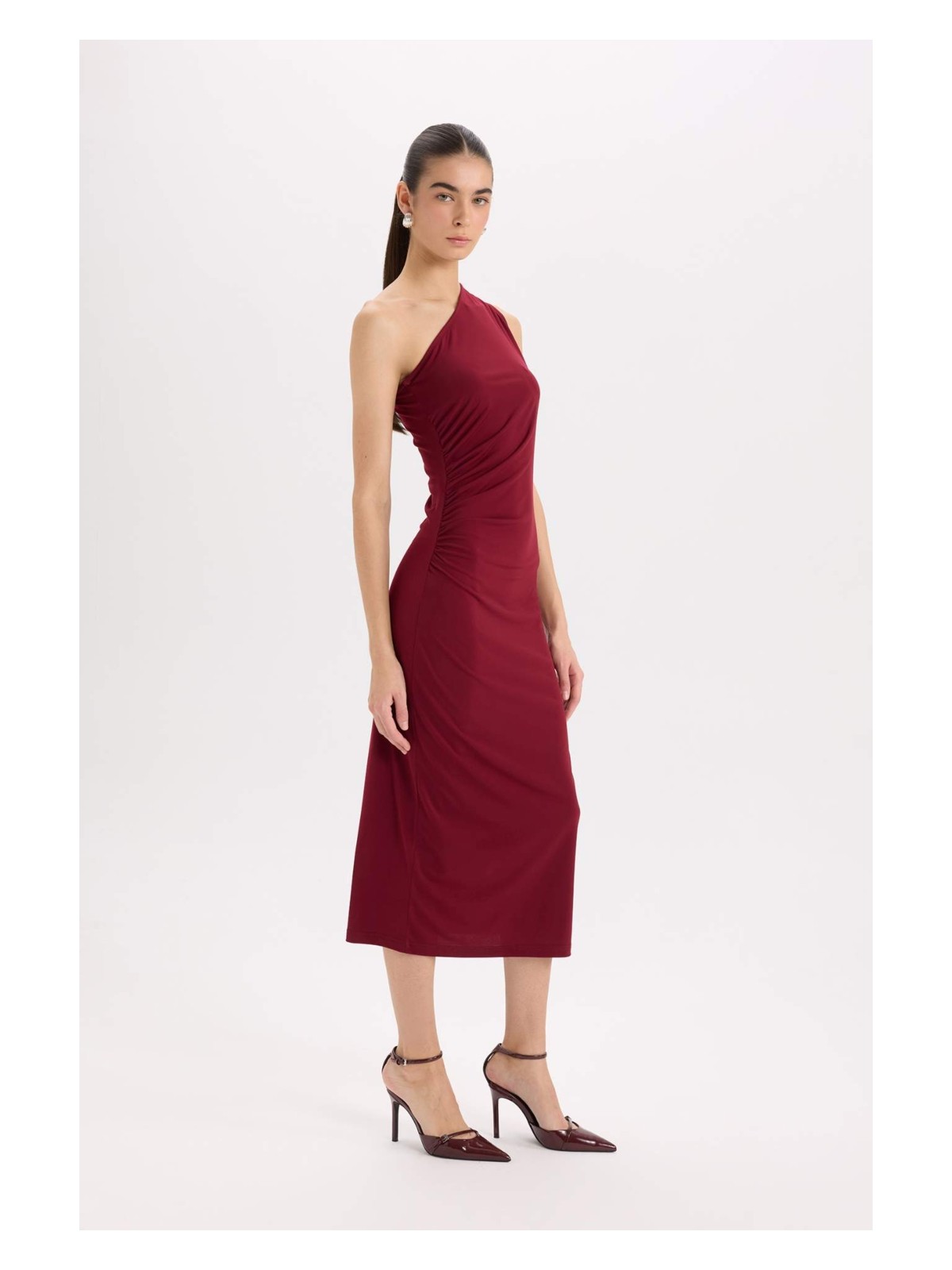 DeFacto Bodycon Vücudu Saran Basic Tek Omuzlu Midi Elbise E2469AX24WN - Görsel 3