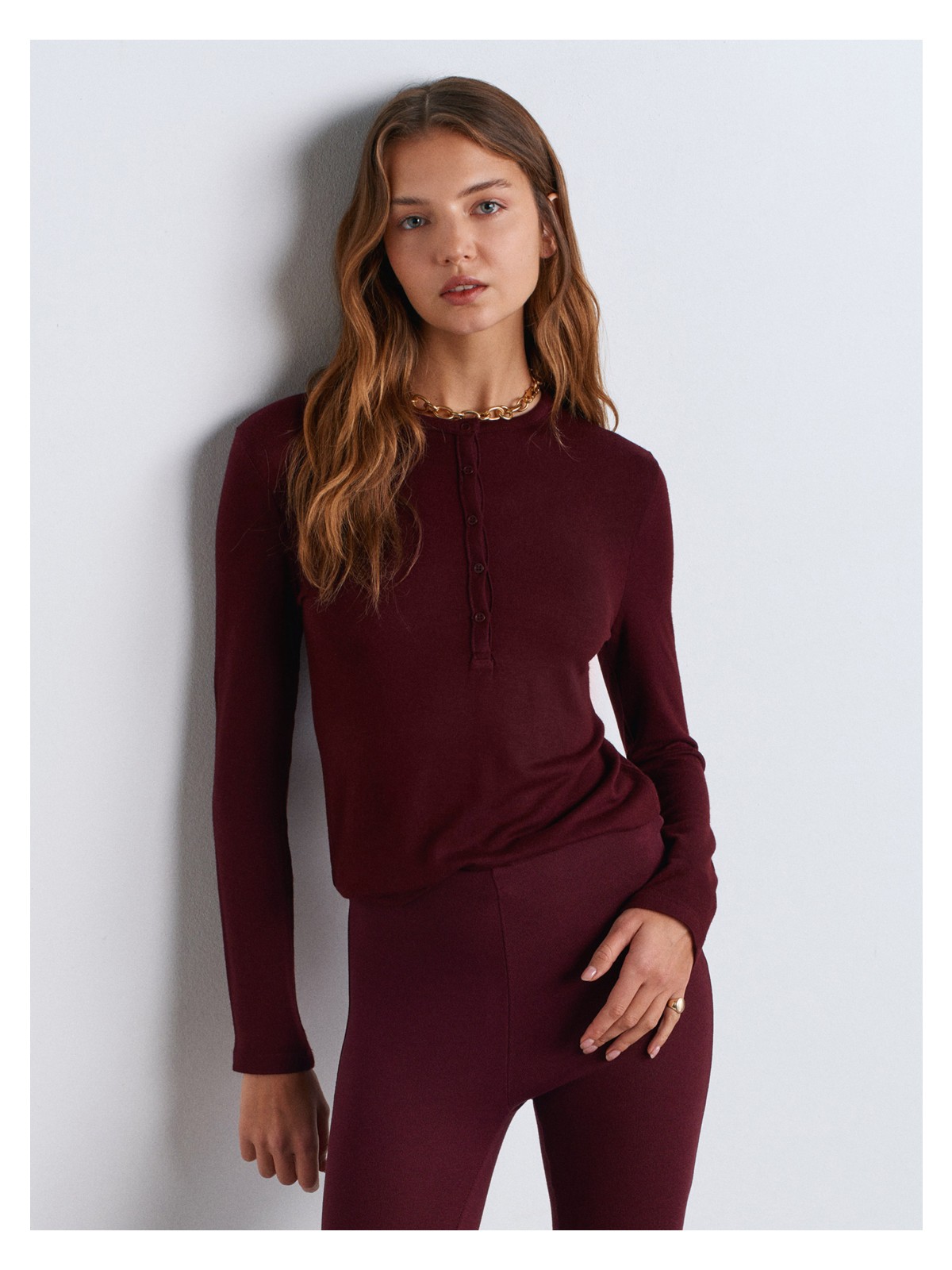 Dilvin 31544 Düğmeli Uzun Kollu Top-Bordo