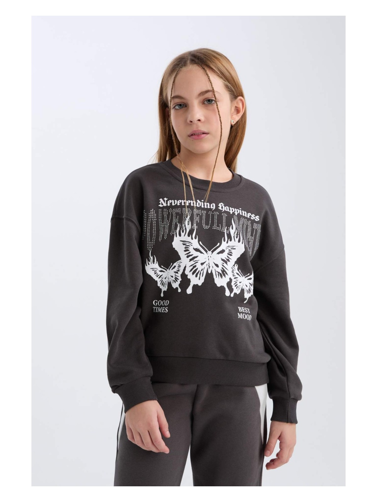 DeFacto Oversize Geniş Kalıp Bisiklet Yaka Baskılı Sweatshirt Kız Çocuk D4386A824WN