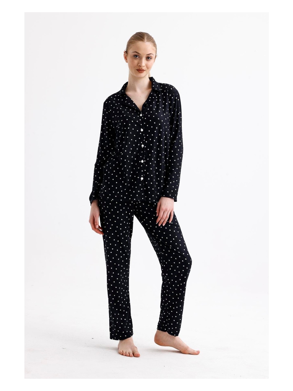 Kompedan Kadın Süet Önden Düğmeli Pijama Takımı | Kalpli Siyah