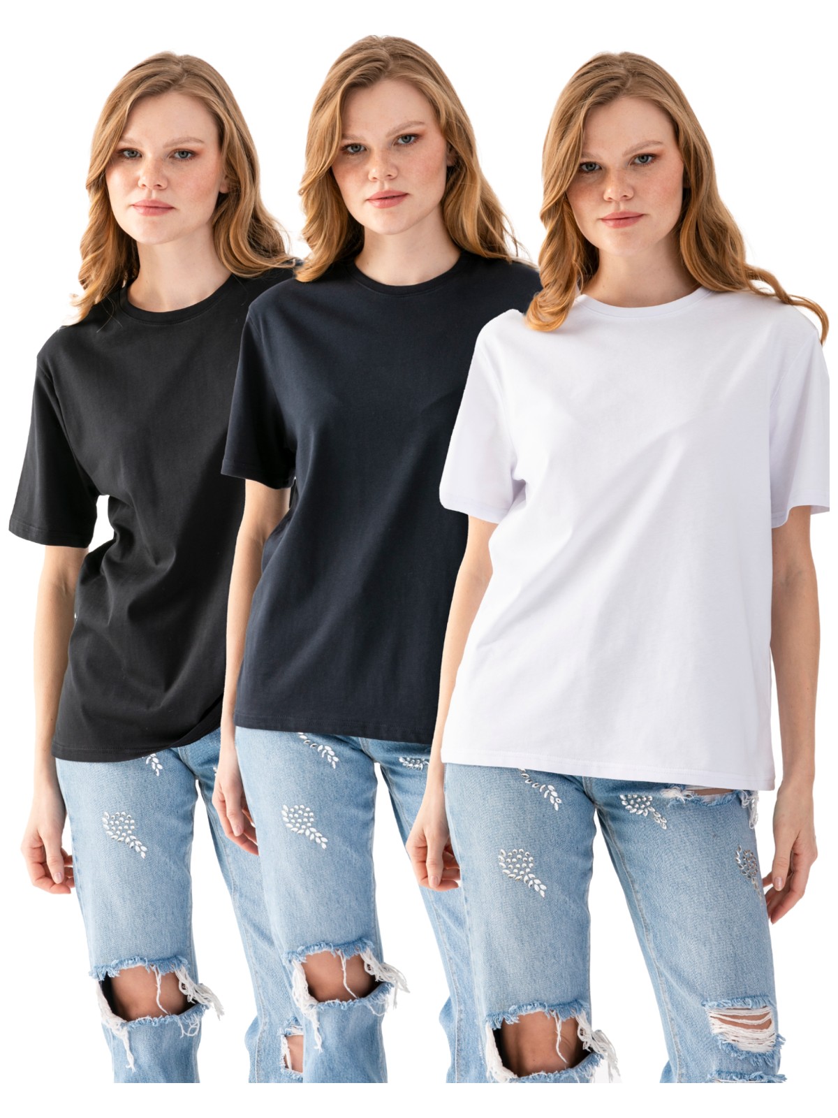 Wega Moda 3lü Tişört, Unisex T-Shirt, Kısa Kollu Oversize T-Shirt, Pamuklu Siyah Bisiklet Yaka Oversize Tişör, Kadın Tişört, Erkek Tişört