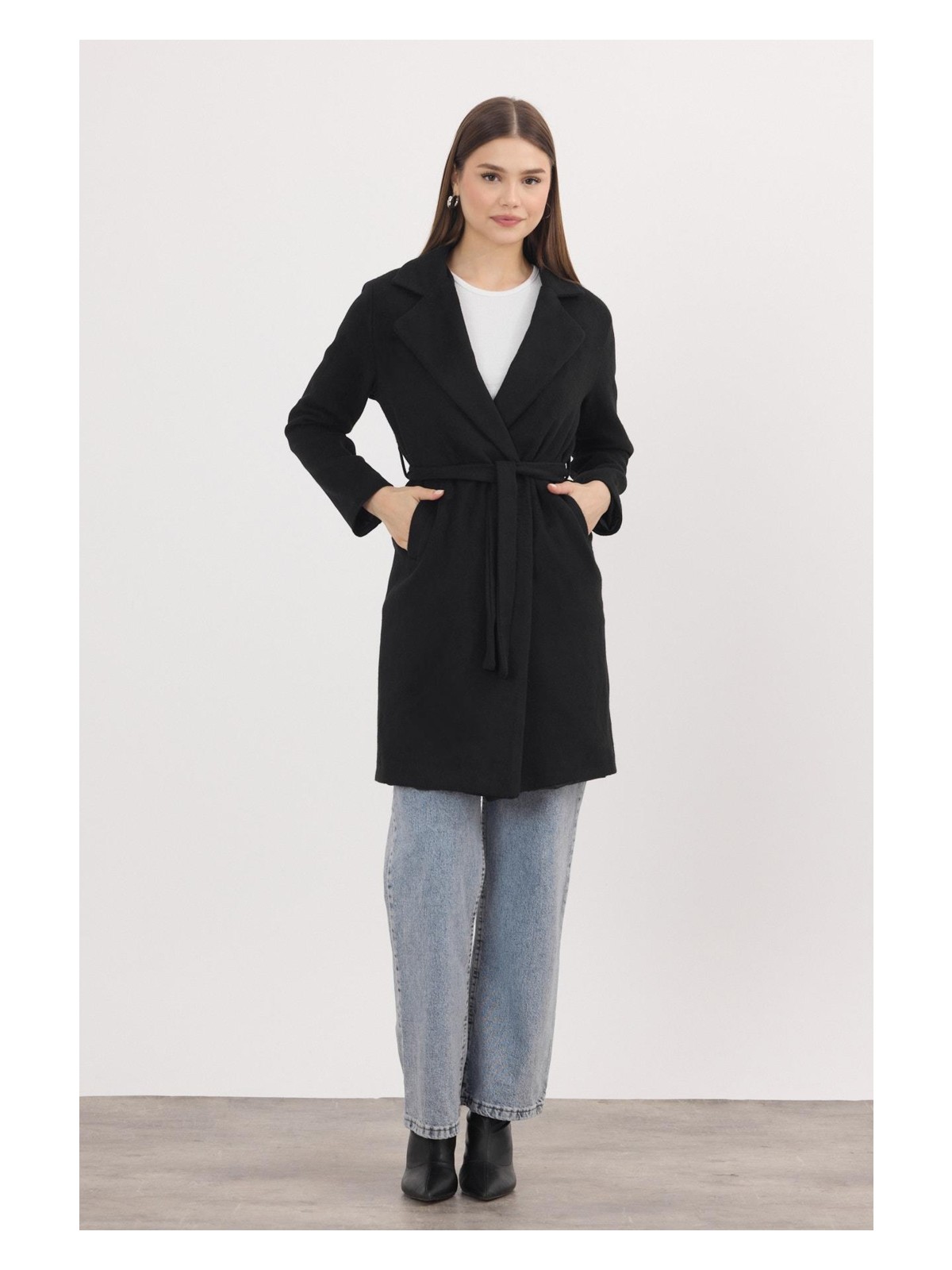 Rays Siyah Kemerli İçi Astarlı Uzun Kaşe Kaban 7149A