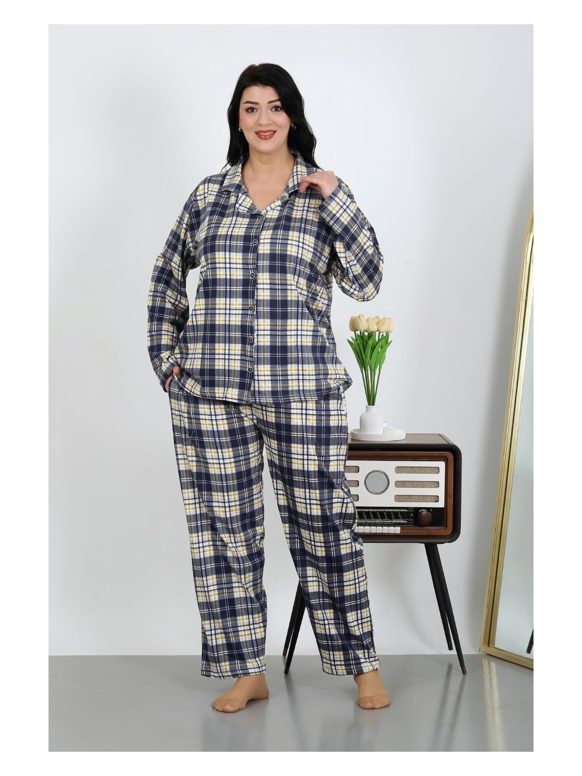 Akbeniz Kadın Büyük Beden Pamuklu Cepli Düğmeli Lacivert Pijama Takım 202504