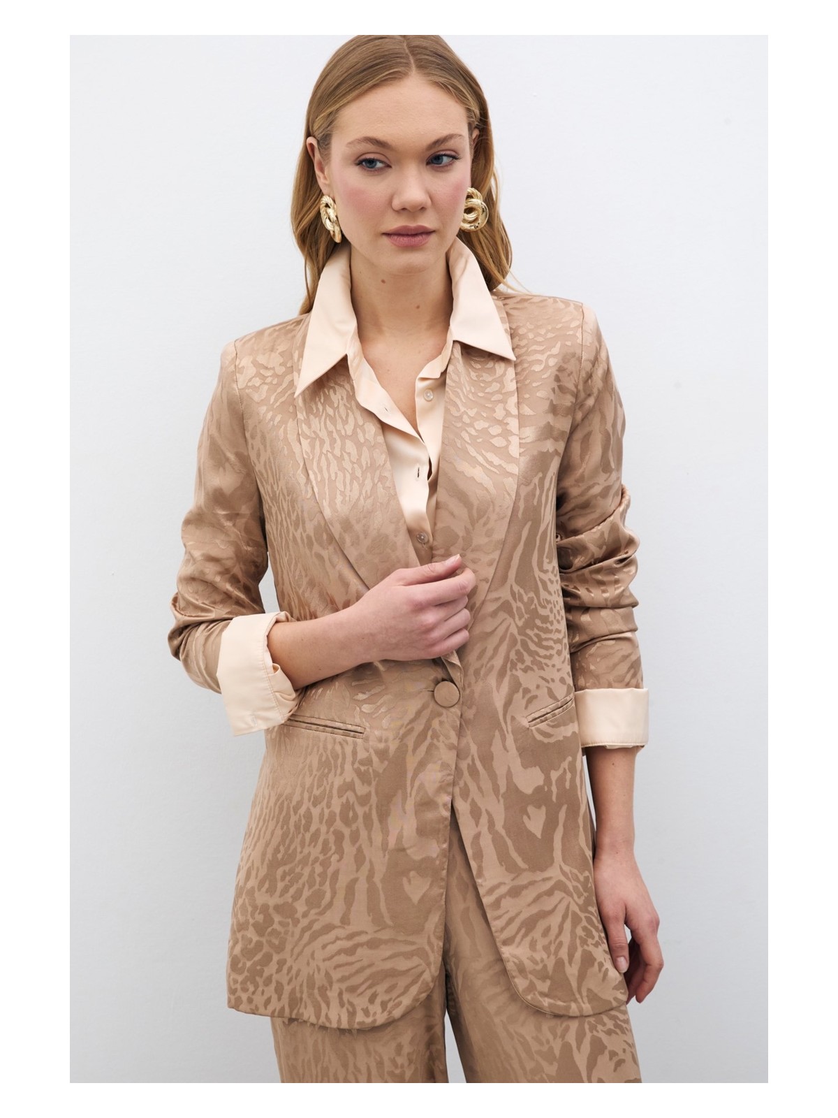 Sateen Desenli Saten Ceket - Vizon